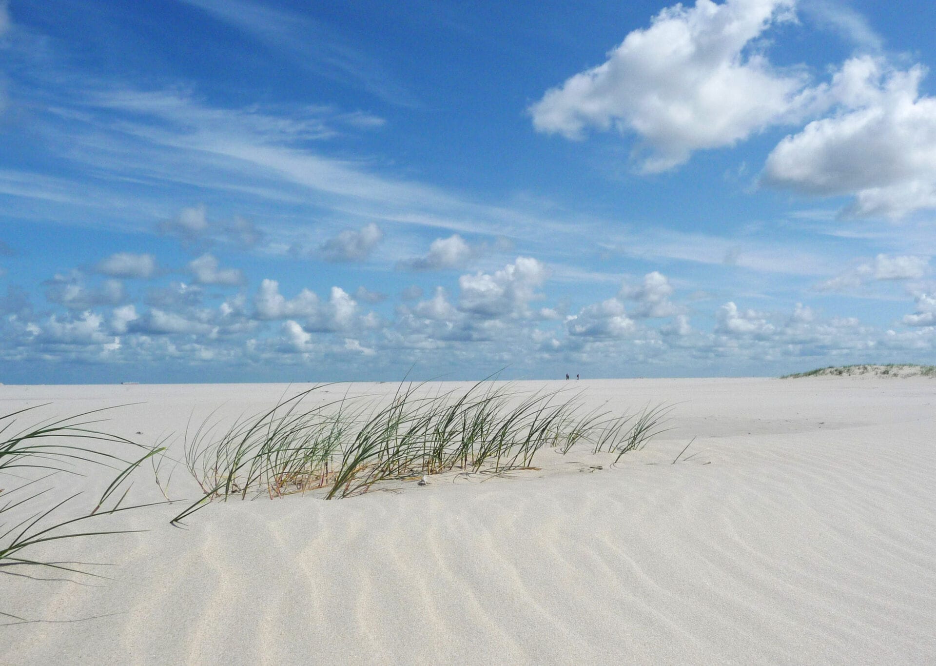 Weite Dünenlandschaft auf Spiekeroog mit Strandhafer, Wattenmeer und ziehenden Wolken